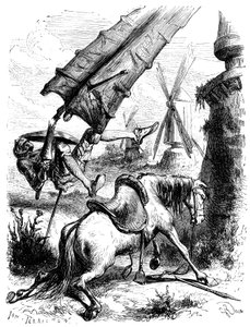 Csata a malmok ellen: Don Quijote és Rossinante egy malom szárnya által a földre dobva alkotó: George Roux