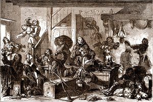 Dragonnades: üldöztetések a Francia Királyság protestáns közösségei ellen az 1680-as években. 19. század (metszet)