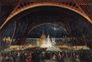 Éjszakai buli az 1889-es egyetemes kiállításon, az Eiffel-torony alatt, c. 1889.