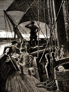 Jim Hawkins kihallgat egy beszélgetést, amely a kalózlázadásról árulkodik... alkotó: George Roux