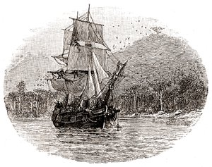 A Hispaniola horgonyt vet a sziget előtt. alkotó: George Roux