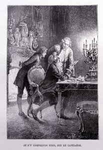 A fiatal Jim Hawkins, Chevalier Trelawnay és Livesey doktor kibékül egy nappaliban – Stevenson „L