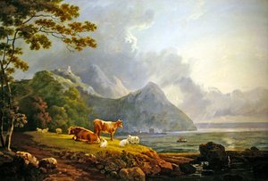 Egy kiterjedt táj juhokkal és tehenekkel (olaj, vászon) alkotó: George Senior Barrett