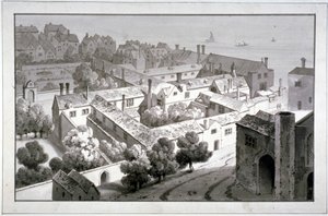 Madártávlati kilátás a winchesteri püspöki palotára, Southwark, London, 1820. alkotó: George Shepherd