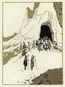 Az emberek elindultak megkeresni az óriásokat, hamarosan megérkeztek a barlangjukhoz (színes litho) alkotó: George Sheringham