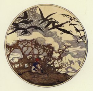 A hó mélyen feküdt a síkságon, és sok hómadár repült élelmet keresve (színes litho) alkotó: George Sheringham