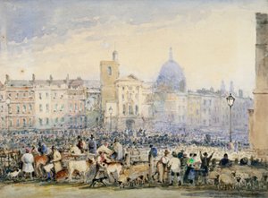 Kilátás a Smithfield piacra figurákkal és állatokkal, London City, 1824.