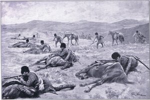 Egy kozák és lova: egy eszköz a fedezék biztosítására egy összecsapás során, illusztráció a Cassells History of the Russo-Japanese War 1. kötetből, 1900 körül alkotó: George Soper