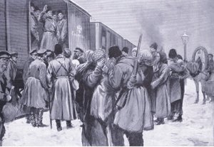 Departure of Russian troops for the Far East, illustration fromCassells History of the Russo-Japanese War Vol 1, c.1900 alkotó: George Soper