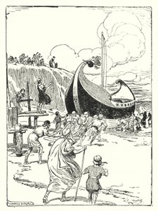 Jason és az argonauták: "A jó Argo hajó felugrott a homokból a görgőkre, és vitéz lóként zuhant előre" (litho) alkotó: George Soper