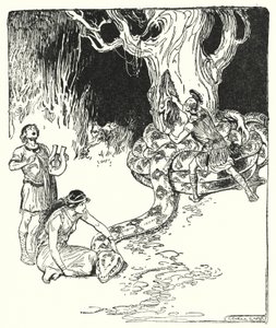 Jászon és az argonauták: "Ezután Jason óvatosan előugrott, és letépte a gyapjút a fa törzséről" (litho) alkotó: George Soper