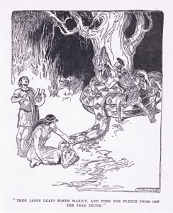 Aztán Jason fáradtan előugrott, és letépte a gyapjút a fa törzséről, a The Heroes-ból, amelyet George Allen és Unwin 1929 (litho) adott ki. alkotó: George Soper
