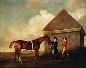 "Eclipse", egy sötét gesztenye versenyló, amelyet egy vőlegény tart egy zsokéval, esetleg Jack Oakley-vel, a Rubbing Down House-nál Newmarketben, 1770 alkotó: George Stubbs