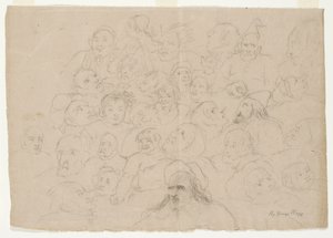 Untitled – Számos durván megrajzolt portrévázlat férfiakról, nőkről és gyerekekről (ceruza papíron)