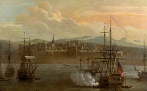 Egy festmény a Szent György-erődről Madrasban, Indiában. 1731-ben. Katonai erőd és kikötő hajókkal. A hajó ágyúja elsül. Füst. Csata. alkotó: George and Scott Samuel (1710 72) Lambert