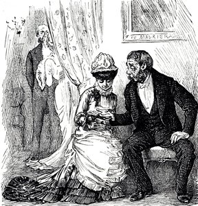 Karikatúra, amely a tenyérjóslás népszerűségét kommentálja a gazdagok körében. Illusztrált George du Maurier (1834-1896) francia-brit karikaturista és író alkotó: George du Maurier