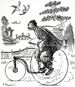 Rajzfilm, amely egy kínai férfit ábrázol, aki triciklivel halad át egy kínai parkon. Illusztrált George du Maurier (1834-1896) francia-brit karikaturista és író