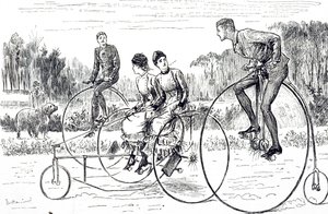 Egy rajzfilm, amely triciklivel közlekedő fiatalok csoportját ábrázolja. Illusztrált George du Maurier (1834-1896) francia-brit karikaturista és író alkotó: George du Maurier