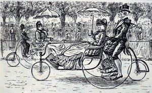 Egy metszet, amely kerékpáros kocsiban utazó utasokat ábrázol. Illusztrálta: George du Maurier (1834-1896) francia-brit karikaturista és író alkotó: George du Maurier