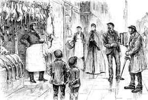 Metszet, amely egy hentest és baromfit ábrázol, amint George du Maurier fényképezte karácsonyi kiállítása előtt. George du Maurier (1834-1896) francia-brit karikaturista és író. 19. századi keltezésű ©UIG/Leemage alkotó: George du Maurier
