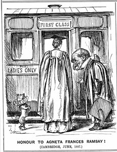 Punch úr meghajol Agneta Frances Ramsay előtt, aki ült, és első osztályú kitüntetéssel teljesítette a papírokat, de nem vehetett át diplomát, mivel Cambridge jelenleg nem ítélte oda nőknek. George du Maurier rajzfilm a londoni Punchból, 1887. július 2. Met alkotó: George du Maurier