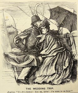 Az esküvői kirándulás: Nászutas pár tengeribetegségben szenved, miközben átkel a La Manche-csatornán. George du Maurier rajzfilm a londoni "Punch"-ból alkotó: George du Maurier