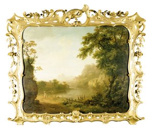 Olaszkori erdős folyami táj alakokkal az előtérben és egy faluval azon túl, 1755