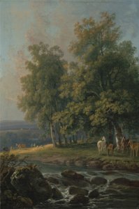 Lovak és szarvasmarhák a folyó mellett, 1777