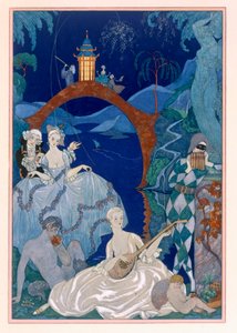 Ball Under the Blue Moon, Paul Verlaine (1844-96) „Fetes Galantes” című illusztrációja, 1928-ban megjelent (pochoir print)