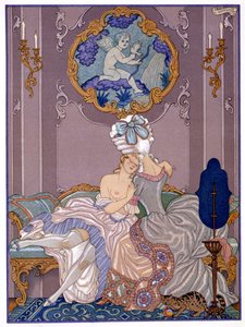 Hálószobás jelenet Pierre Choderlos de Laclos (1741-1803) „Les Liaisons Dangereuses” című művéből, amely az 1920-as években jelent meg (pochoir print)