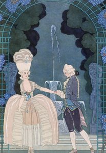 Szerelem a szökőkút alatt, Paul Verlaine (1844-96) „Fetes Galantes” című illusztrációja, 1928 (pochorus print)