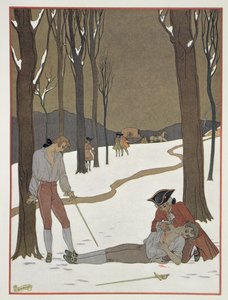 A párbaj Valmont és Danceny között, Pierre Chodlerlos de Laclos (1741-1803) „Les Liaisons Dangereuses” című művéből, az 1920-as években megjelent illusztrációja (pochoir print)