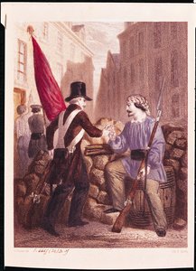 Egy munkás, aki megosztja a kenyerét egy vörös zászlót hordozó diákkal, a „Les Journees de Fevrier”-ből, H. Jannin metszet alkotó: Georges Alexandre Fischer