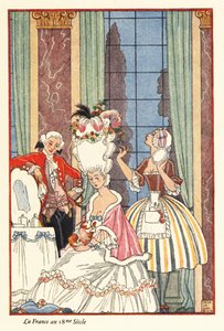 Egy nemes nő a vécéjénél a 18. századi Franciaországban. 1928 (nyomtatott) alkotó: Georges Barbier