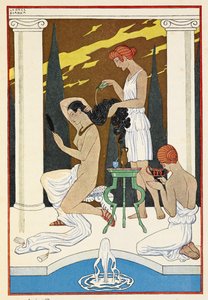 Az ókori Róma. Egy alak, akinek a szolgák mossák a haját. alkotó: Georges Barbier