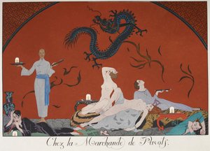 Chez la Marchande de Pasots. Emberek, néhányan meztelenek, hevertek egy szobában. Kínai dekoráció. alkotó: Georges Barbier