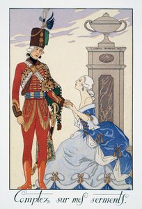 Számíts az eskümre (hűséges leszek hozzád), magyar huszár, George Barbier litográfiája (1882-1932), Falbalas et Fanfreluches, Almanach des Modes Presentes, Passees et Futures alkotó: Georges Barbier