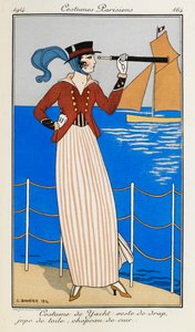 Costume de Yacht: veste de drap, jupe de toile, chapeau de cuir. Jachtjelmezt viselő nő: piros szövetkabát, csíkos vászonszoknya, bőrkalap és kék sál. Egy távcsövet használ, és a háttérben lévő csónakra mutat. Jelmezek Parisiens. alkotó: Georges Barbier