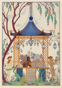 Cythère. Férfi és nő egy pavilonban, ölelkezve. Mitikus lények kint, pipázik. alkotó: Georges Barbier