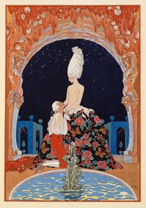 Dans la Grotte. Egy férfi térdel egy félmeztelen nő előtt, egy szökőkútnál. alkotó: Georges Barbier