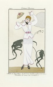 Tervezés fehér ruhához rózsaszín díszítéssel és horgolt övvel, a Costumes Parisientől, 1912. évi pub. (pochoir print) alkotó: Georges Barbier