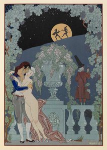Fantoches. (Marionettek) Debussy Fêtes Galantes, Scaramouche és Pulcinelle című művéből. Férfi átölel egy meztelen nőt. Két figura sziluettben a Hold ellen. alkotó: Georges Barbier