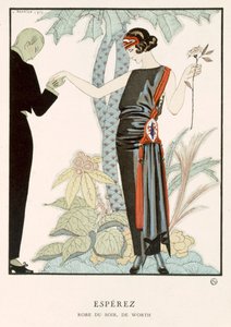 "Gazette du Bon Ton"; Esperez, Worth estélyi ruhája, 1920 körül (színes lithó) alkotó: Georges Barbier