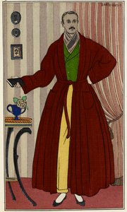 Férfi pongyolában. Illusztráció: George Barbier (1882-1932), a Journal des dames et des modes című folyóiratból. Párizs 1912-1914. The British Library Institution, Reference Shelfmark ID: P.P.5242.dc, pl.96, a 16. oldallal szemben. Férfi öltözőben alkotó: Georges Barbier