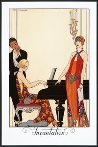 Varázslat, zongoraművész és estélyibe öltözött nő, illusztráció a Falbalas et Fanfreluches, 1923-as almanachból