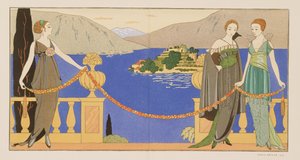 Isola Bella, Redfern által tervezett estélyi ruhák, 57. tábla a „Gazette du Bon Ton”-ból, 1914. június (pochoir print) alkotó: Georges Barbier