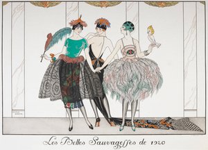 Les Belles Sauvegettes de 1920. Három nő egy sorban, egzotikus ruhákat viselve. alkotó: Georges Barbier