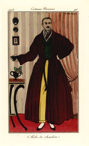 Férfi pongyolában, sárga nadrágon és zöld mellényben. Köntös. Kézi színű pochoir (stencil) rézkarc George Barbier illusztrációja nyomán Tommaso Antongini Journal des Dames et des Modes, Aux Bureaux du Journal des Dames, Párizs alkotó: Georges Barbier