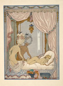 De Merteuil márkinő látogatása Cécile de Volanges hálószobájában, Pierre Choderlos de Laclos (1741-1803) kocsma „Les Liaisons Dangereuses” című művéből. 1934 (sablonnyomat) alkotó: Georges Barbier