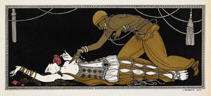 Nyijinsky mint az arany rabszolga a Seherezádéban, Nyikolaj Rimszkij-Korszakov szimfonikus szvitjében 1888-ban. Seherezade itt van a halálos ágyán, az arany rabszolga föléje hajol. alkotó: Georges Barbier